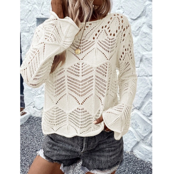 Off White Hollow Out Knit Long Bell Sleeve Pullover Light Sweater - Picture 5 of 8